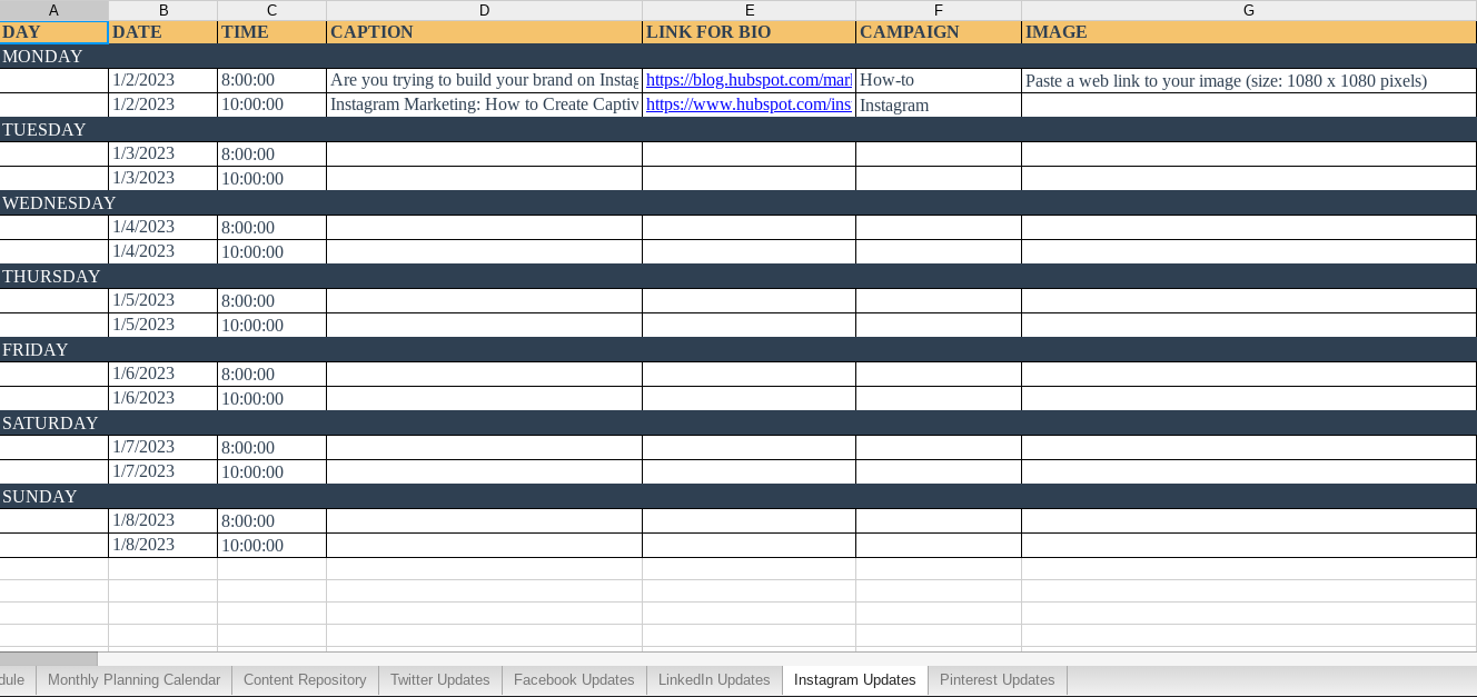 Business Instagram Content Calendar HubSpot Instagram content calendar template
